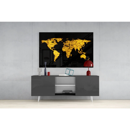 Stunning black and gold glass wall art world map design