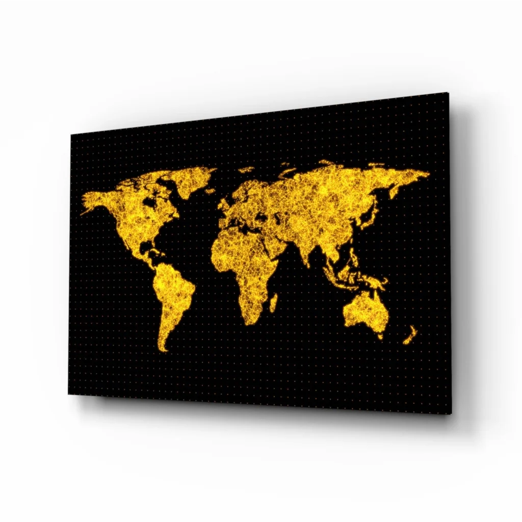 Stunning gold glitter world map glass wall art on black canvas