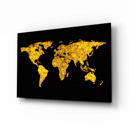 Stunning gold glitter world map glass wall art on black canvas