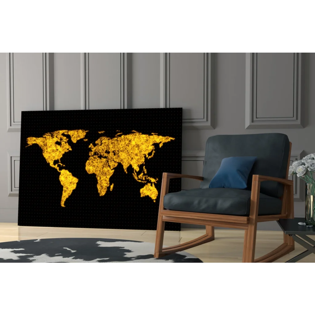 Stunning gold world map glass wall art on black canvas