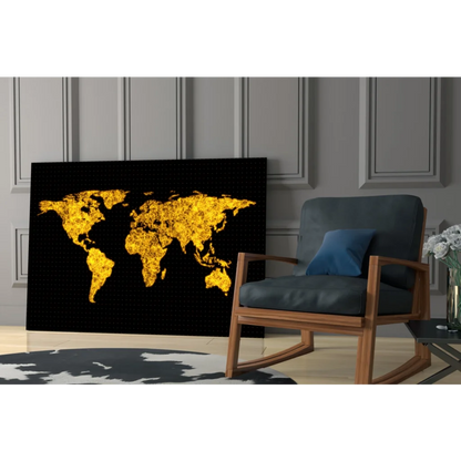Stunning gold world map glass wall art on black canvas