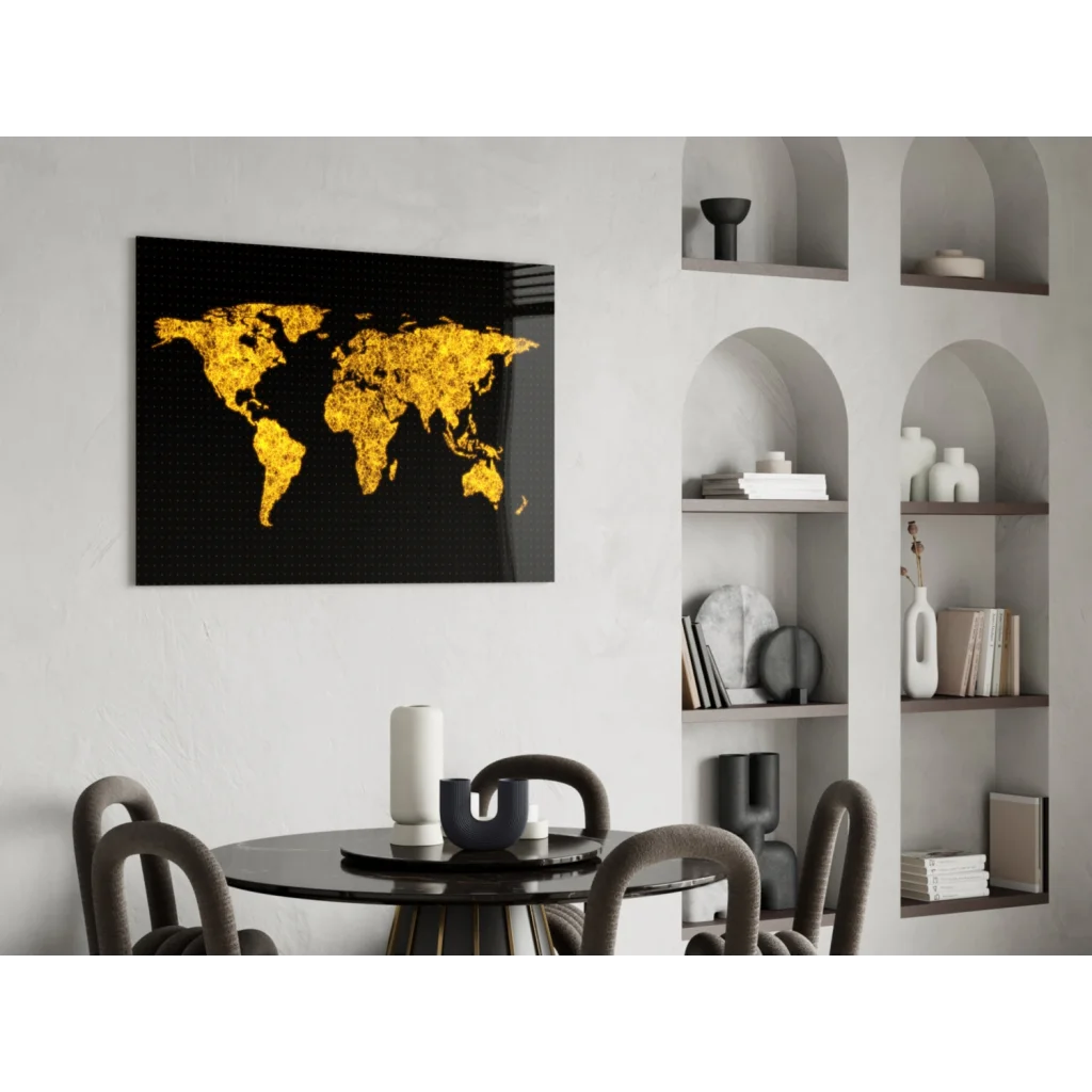 Stunning gold world map glass wall art on black canvas