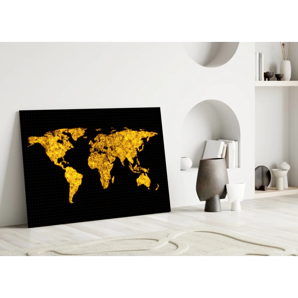 Stunning gold world map glass wall art on black canvas