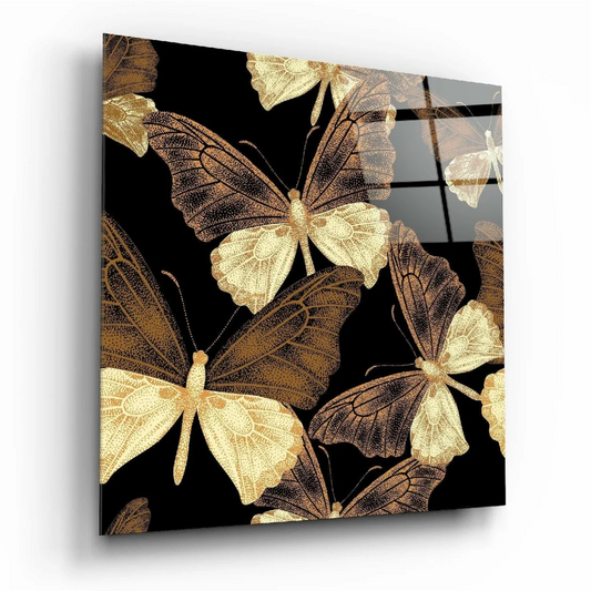 Elegant golden butterfly glass wall art panel with intricate details