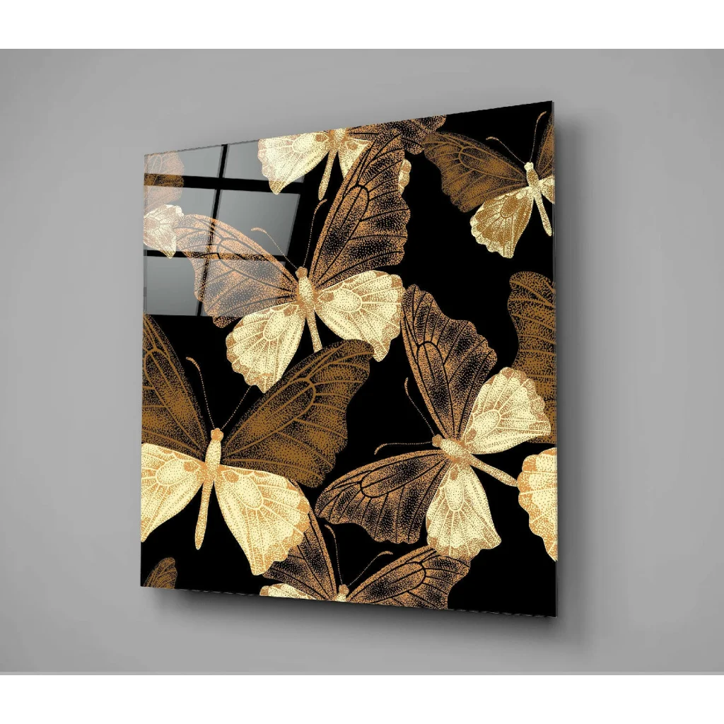 Stunning golden butterfly glass wall art panel with elegant square design