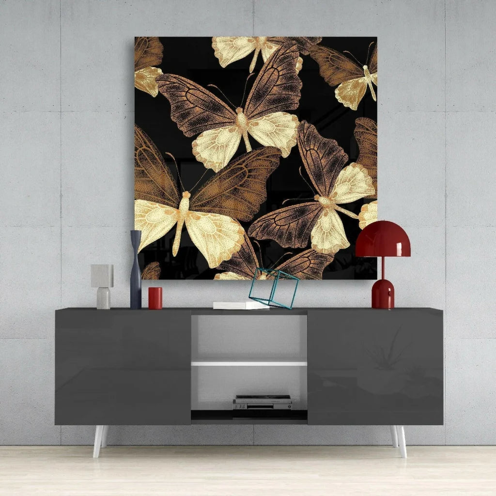 Stunning golden butterfly glass wall art panel with black canvas print