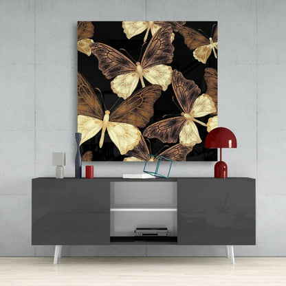 Stunning golden butterfly glass wall art panel with black canvas print