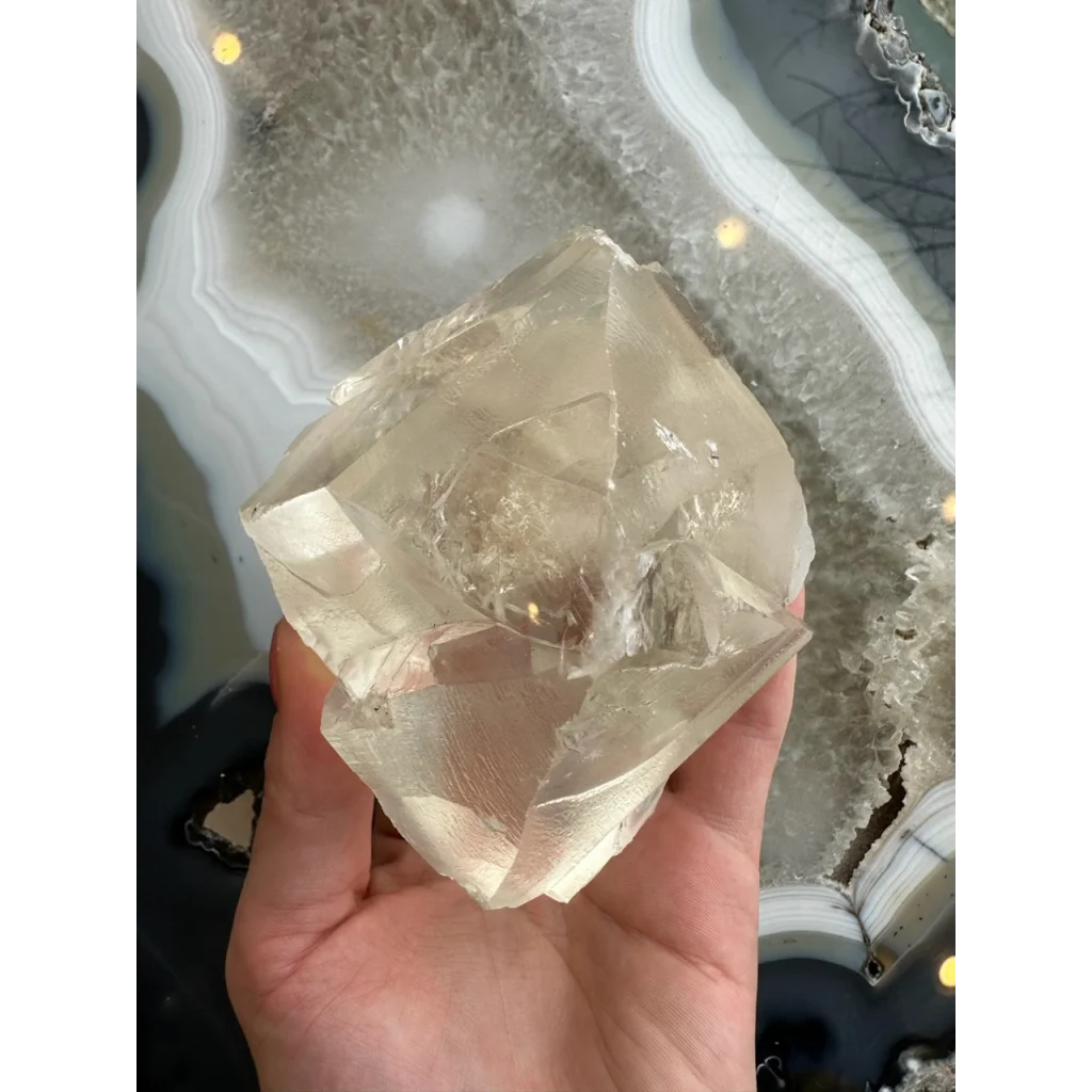 Stunning 513g golden calcite crystal from India, translucent and faceted