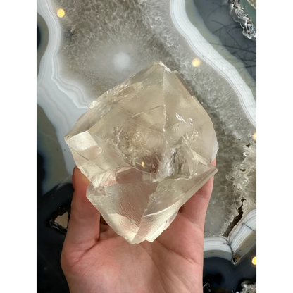 Stunning 513g golden calcite crystal from India, translucent and faceted