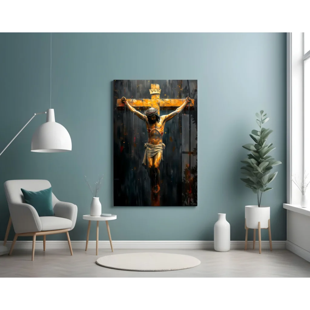 Stunning golden crucifix glass wall art with crown of thorns on teal wall