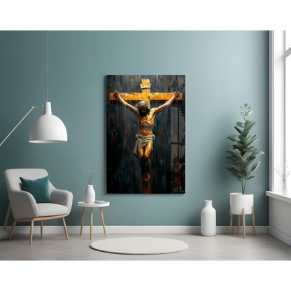Stunning golden crucifix glass wall art with crown of thorns on teal wall