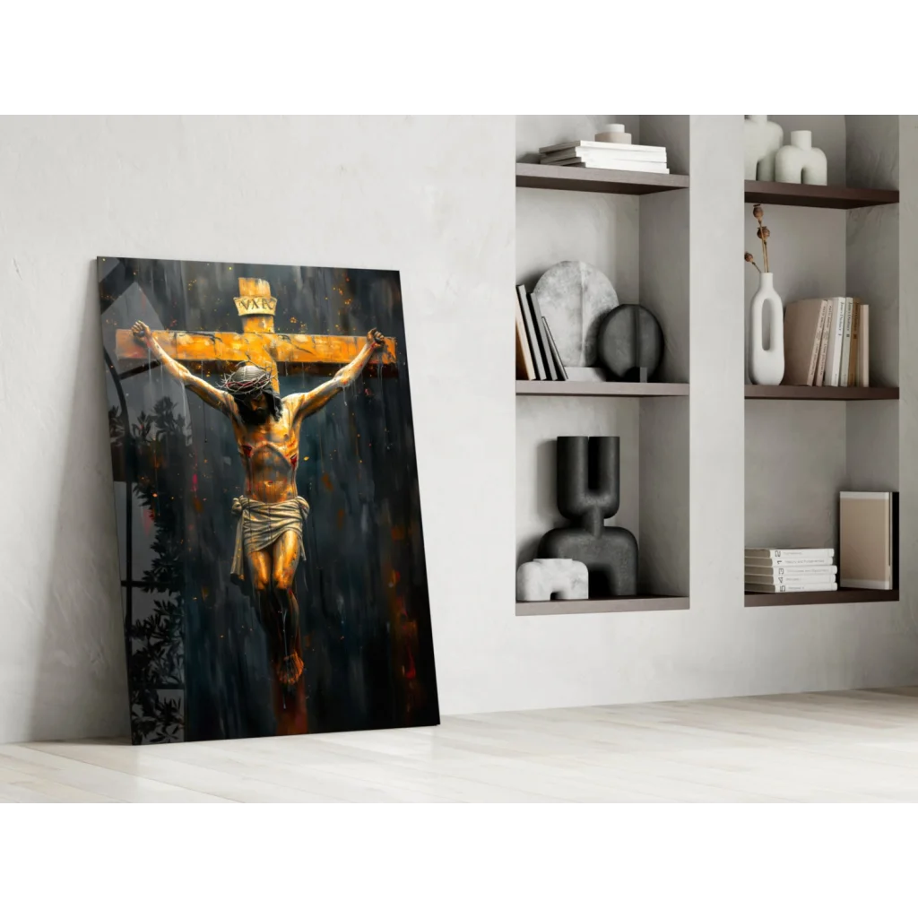 Stunning golden crucifix glass wall art on dark textured canvas