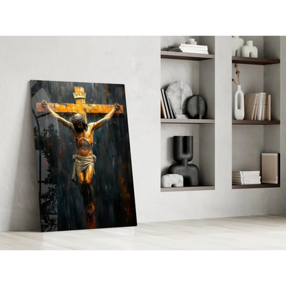 Stunning golden crucifix glass wall art on dark textured canvas