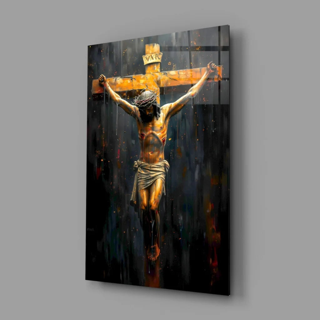 Stunning golden crucifix glass wall art with Jesus figure on dark textured canvas