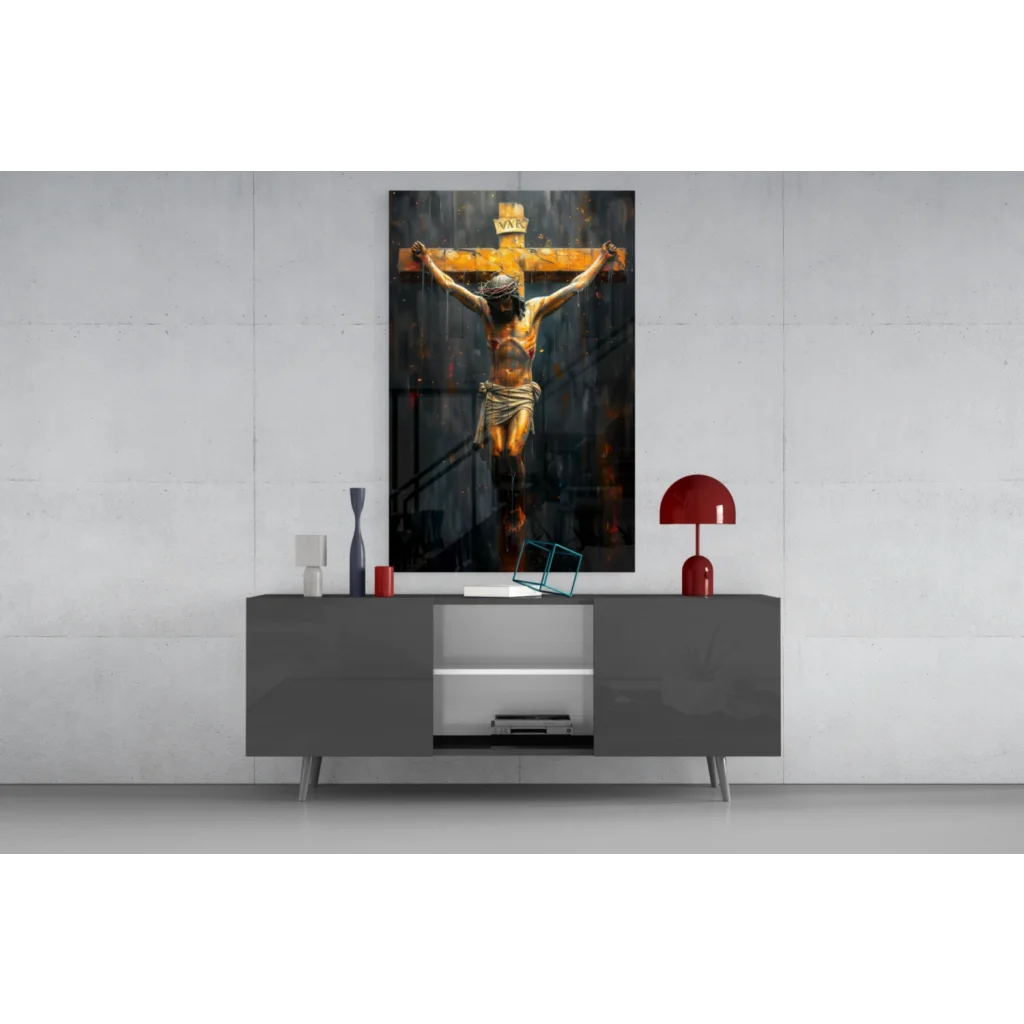Modern golden crucifix glass wall art on dark textured canvas