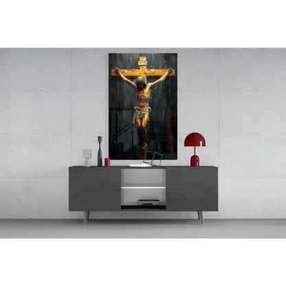 Modern golden crucifix glass wall art on dark textured canvas