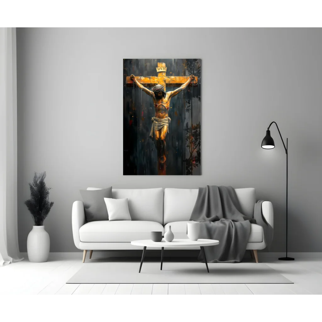 Stunning golden crucifix glass wall art on dark textured canvas