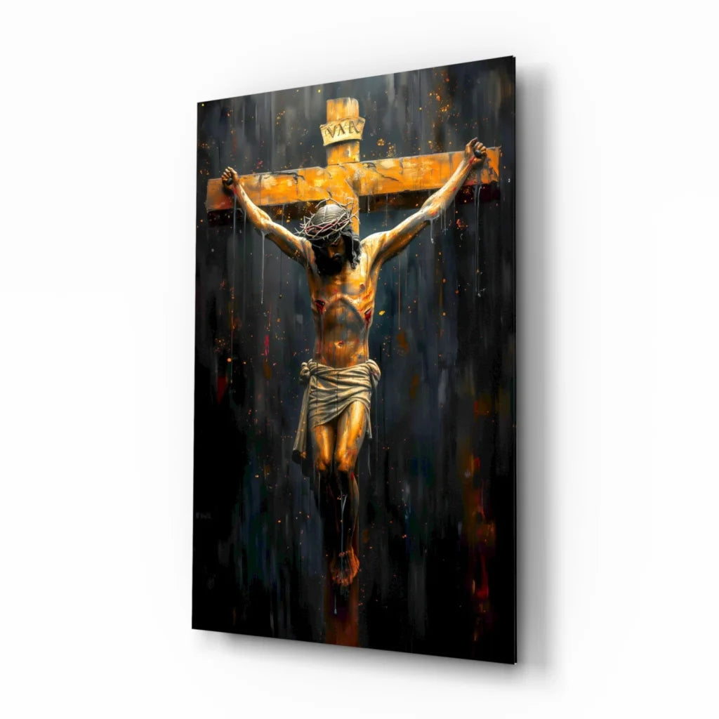 Stunning golden crucifix glass wall art on dark canvas