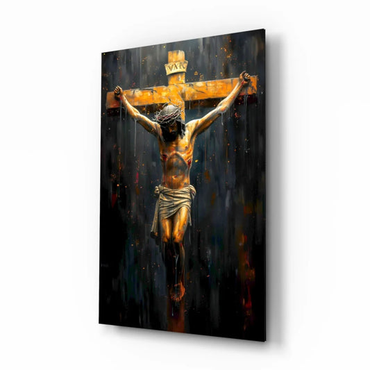 Stunning golden crucifix glass wall art on dark canvas
