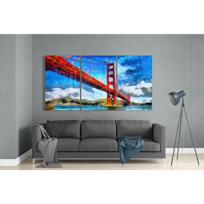 Vibrant red Golden Gate Bridge tri-panel wall art canvas print