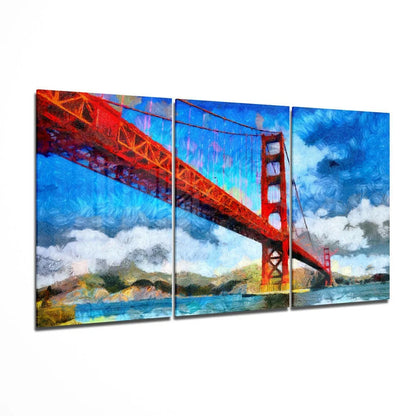 Vibrant red Golden Gate Bridge impressionistic tri-panel wall art canvas print