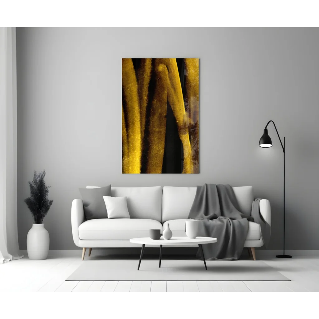 Golden textured glass wall art above white sofa with dramatic shadows