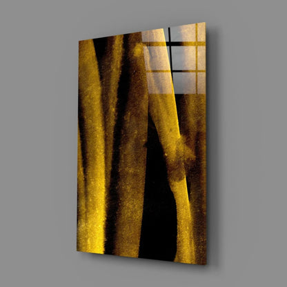 Golden textured glass wall art with window grid reflection