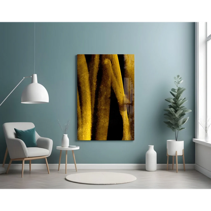 Golden textured glass wall art with bold yellow streaks on black
