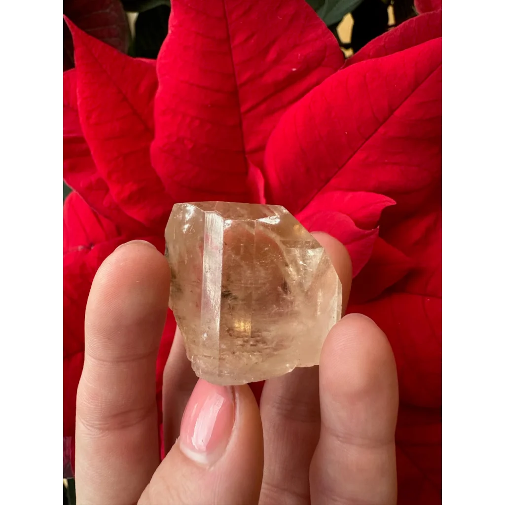 Golden topaz crystal from Shigar Valley Pakistan held in fingers