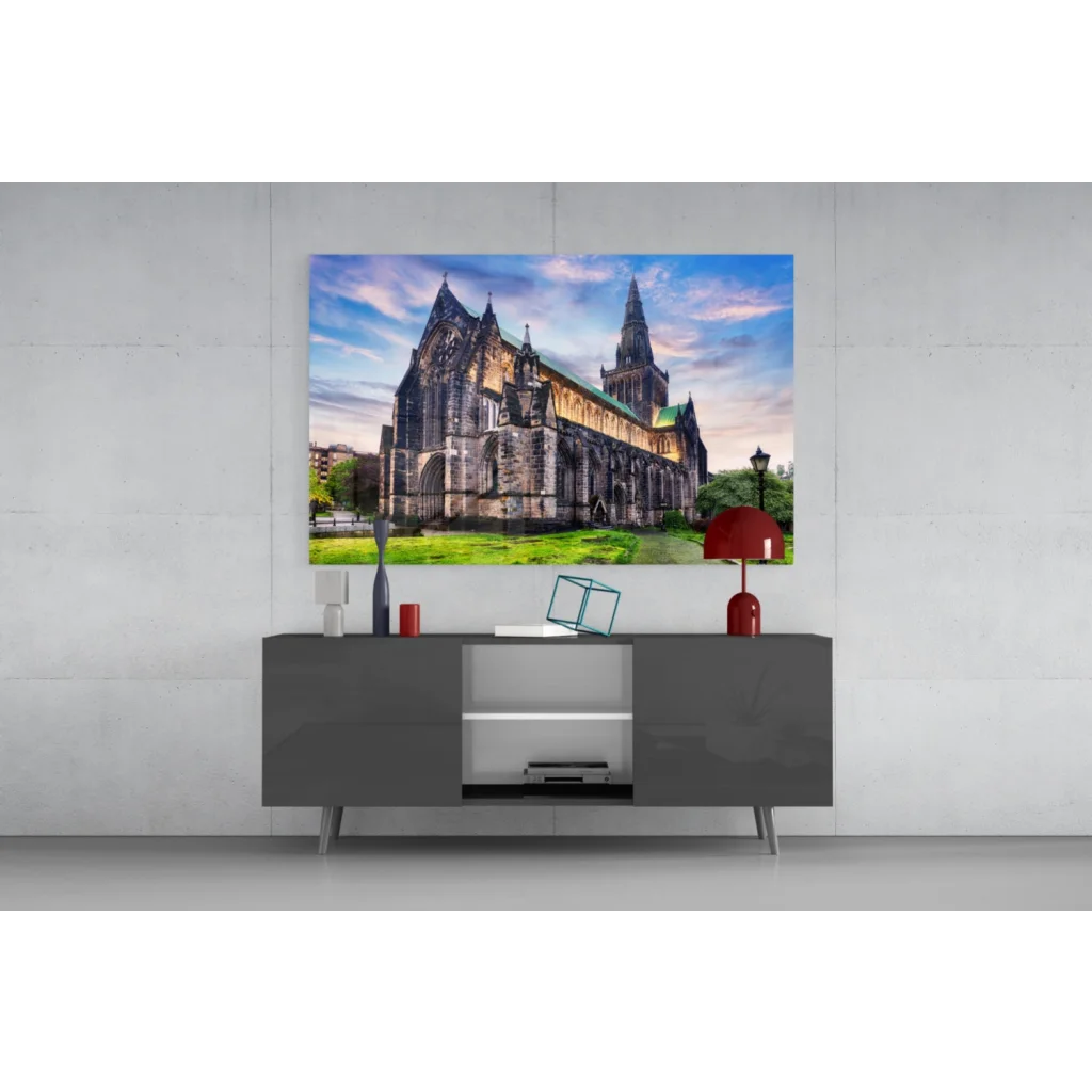 Stunning Gothic cathedral wall art canvas with vibrant sky on 4K UHD TV