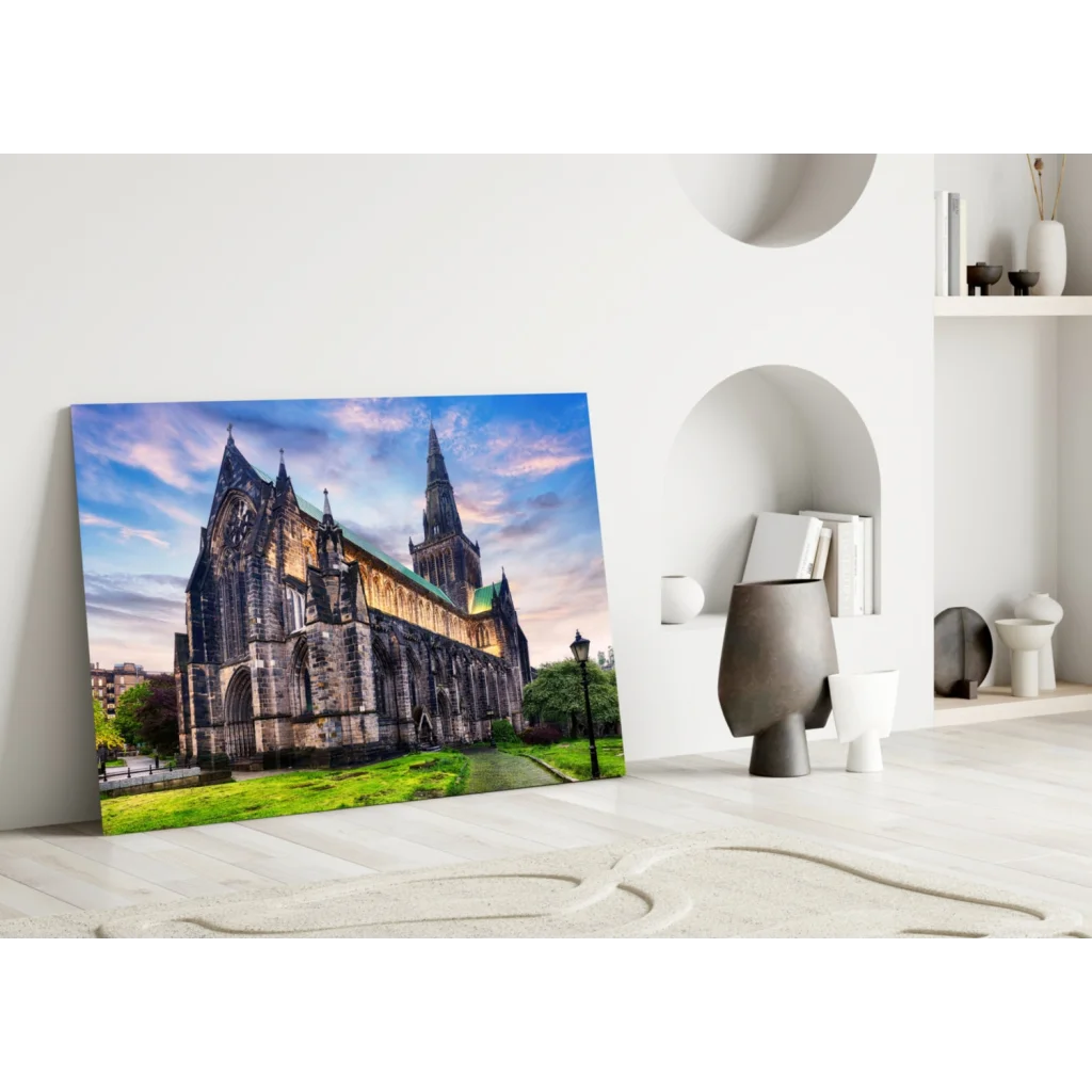 Stunning gothic cathedral canvas wall art with vibrant blue sky and green grass