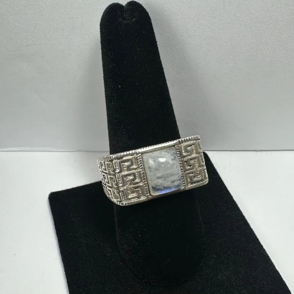 Stunning sterling silver moonstone ring with Greek key pattern