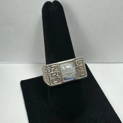 Stunning sterling silver moonstone ring with Greek key pattern