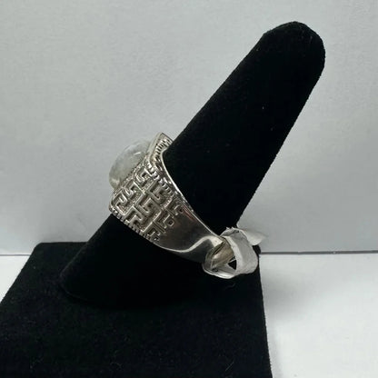 Stunning Greek Key moonstone ring in sterling silver with geometric engraving