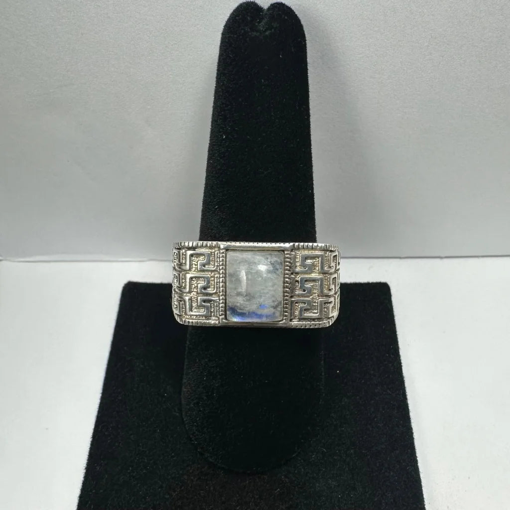Stunning sterling silver moonstone ring with Greek key pattern