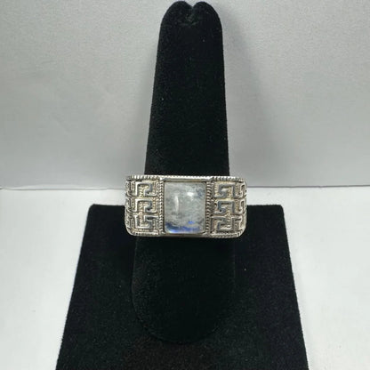Stunning sterling silver moonstone ring with Greek key pattern