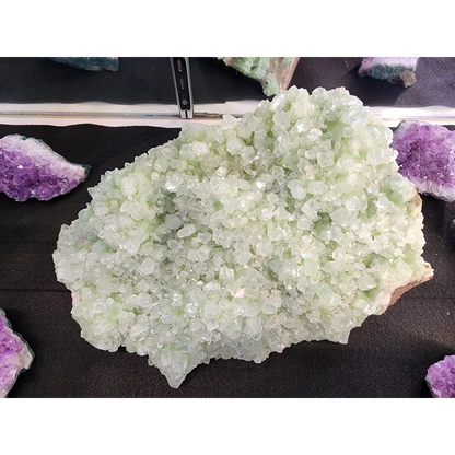 Stunning green apophyllite crystal cluster from India with fluorite geode