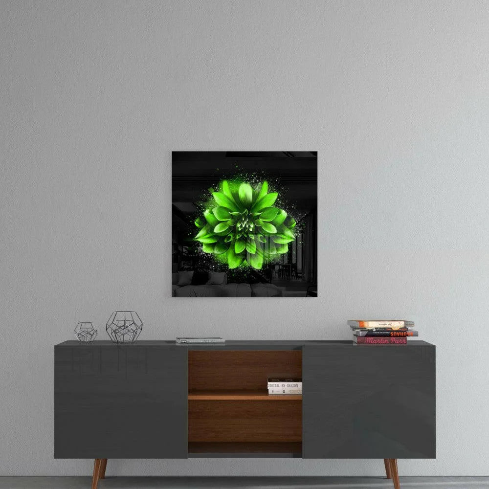 Stunning green floral glass wall art on black background