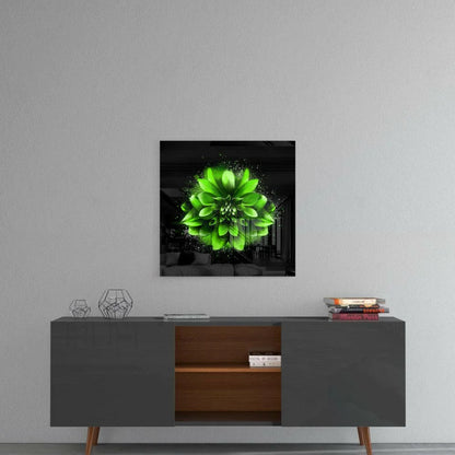 Stunning green floral glass wall art on black background