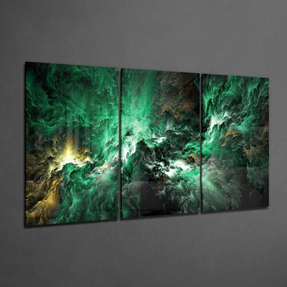 Stunning green nebula glass wall art triptych with swirling patterns