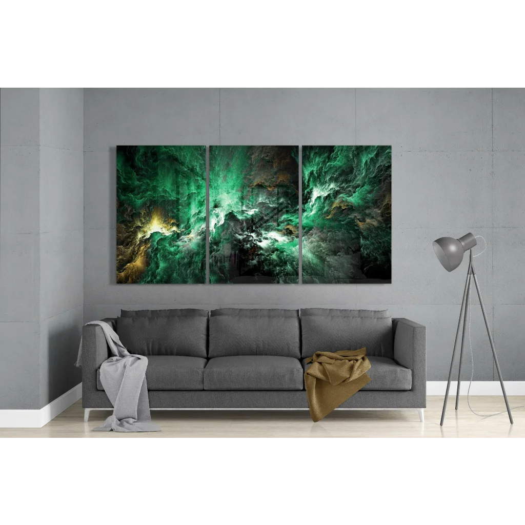Stunning 3-panel green nebula glass wall art triptych