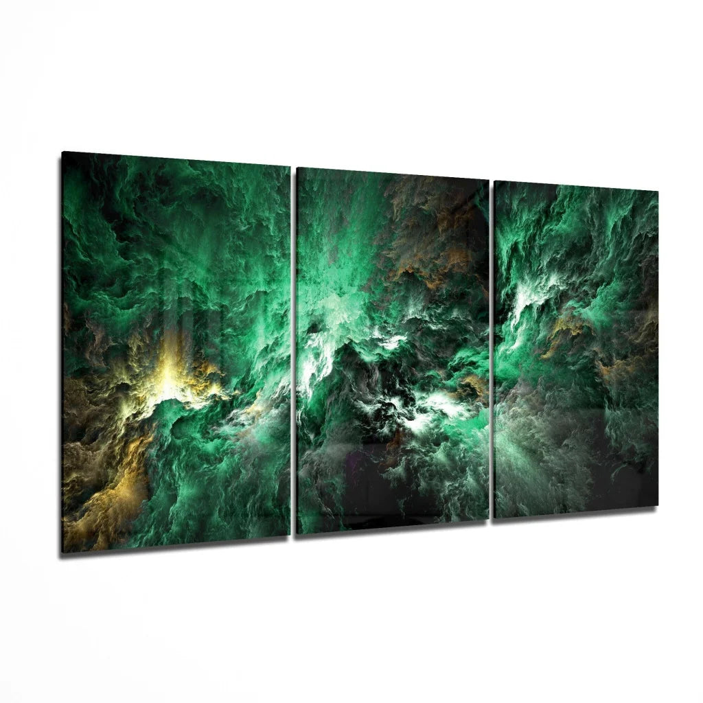 Stunning green nebula glass wall art triptych display