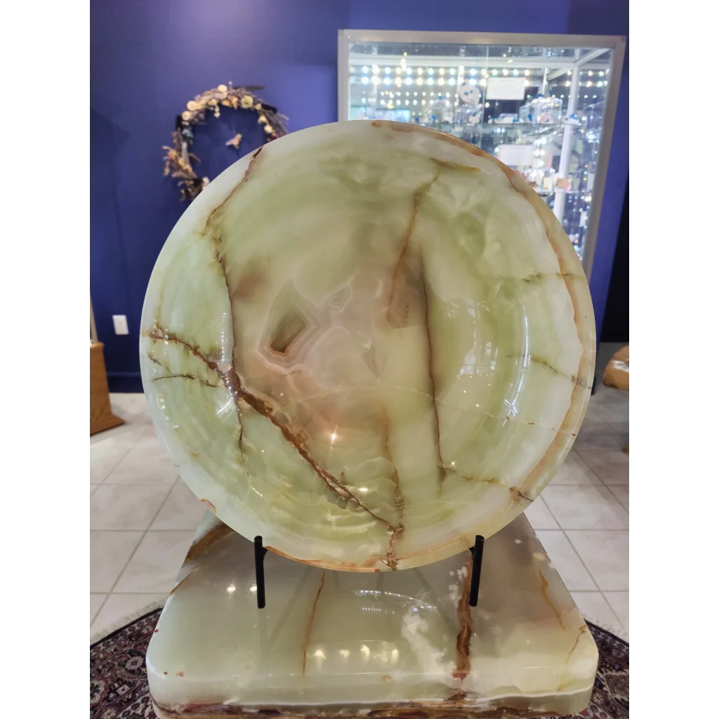Stunning green onyx decorative bowl with natural brown veining