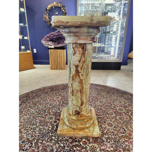 Polished green onyx decorative pillar column with marble pedestal base