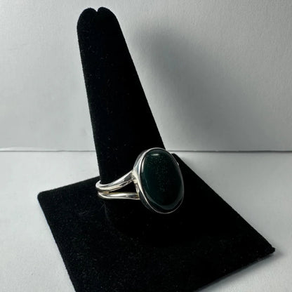 Sleek silver green serpentine ring with oval dark green stone