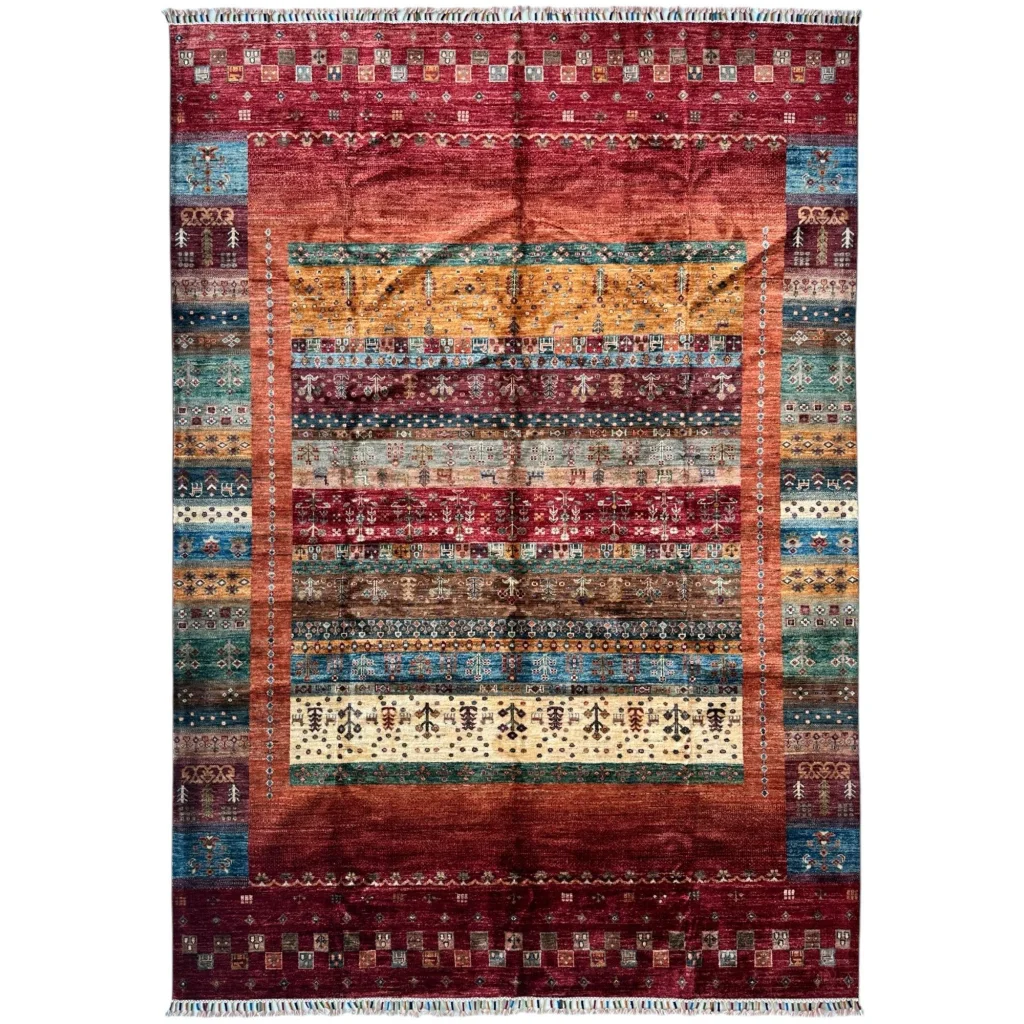 Vibrant red and blue striped Ghazni wool tribal rug with geometric patterns