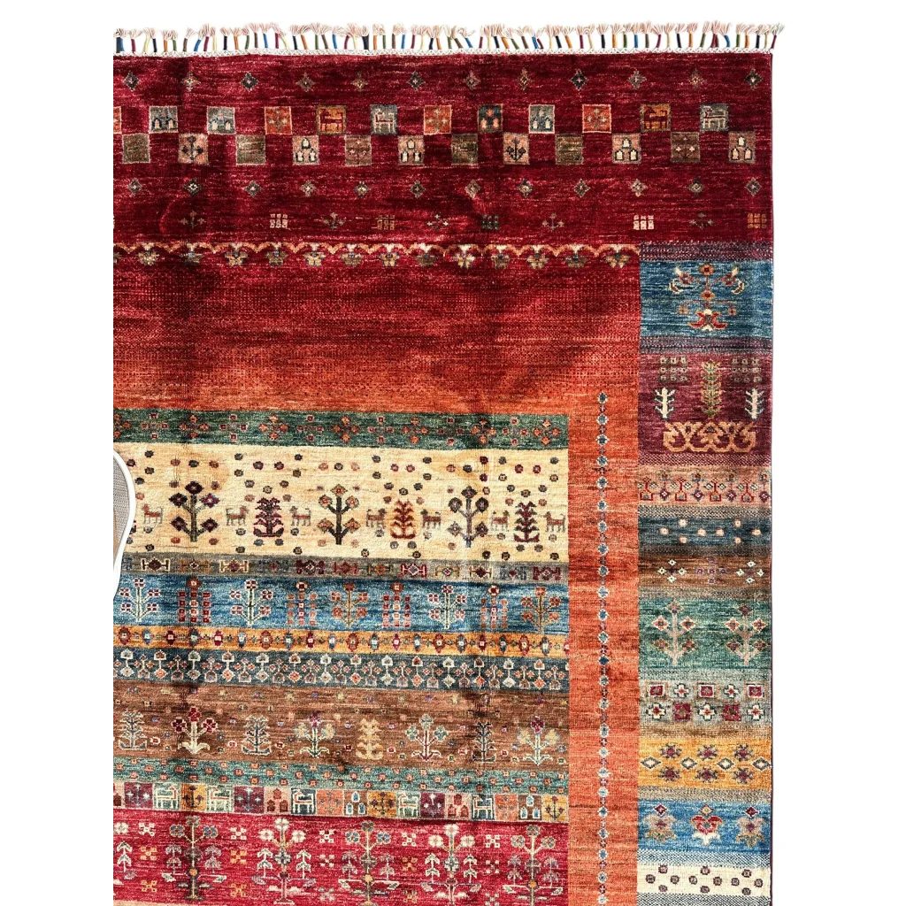 Vibrant red multi-colored striped Ghazni wool tribal rug with intricate patterns