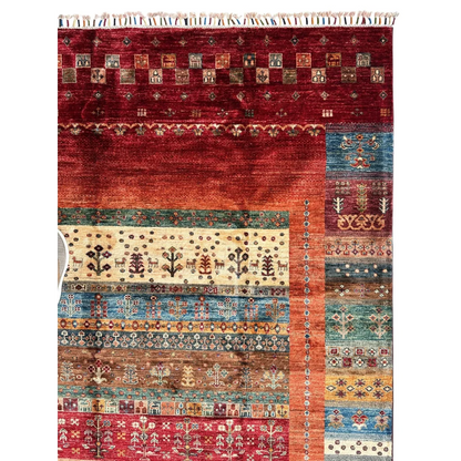 Vibrant red multi-colored striped Ghazni wool tribal rug with intricate patterns