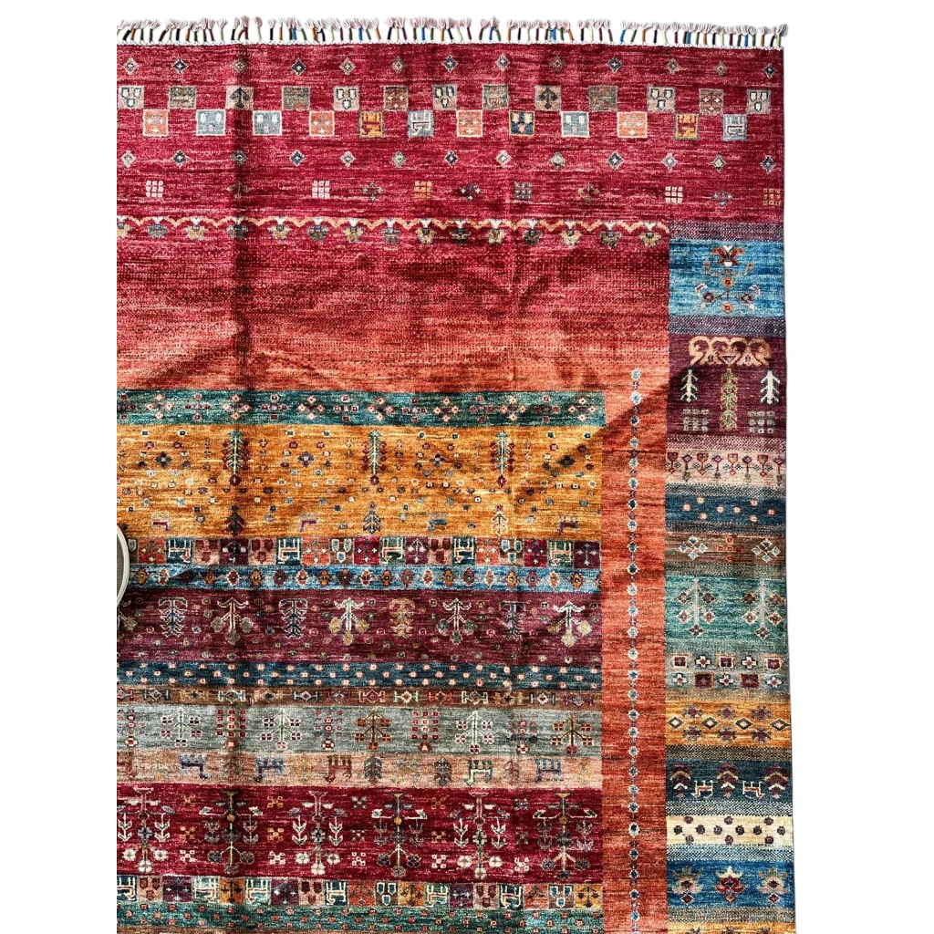 Vibrant hand-knotted Afghan Ghazni wool tribal rug with geometric patterns