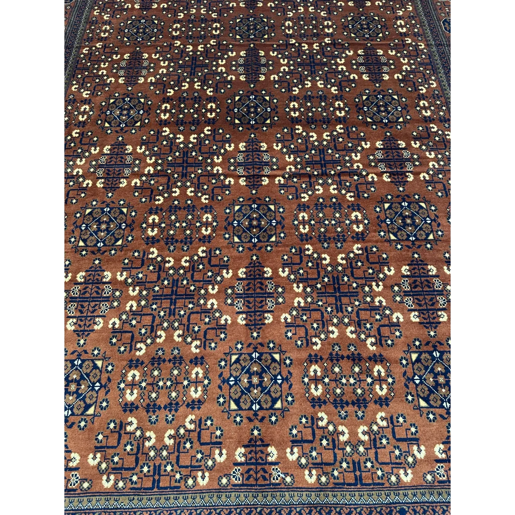 Stunning Afghani Bukharayi rug with brown base and bold patterns